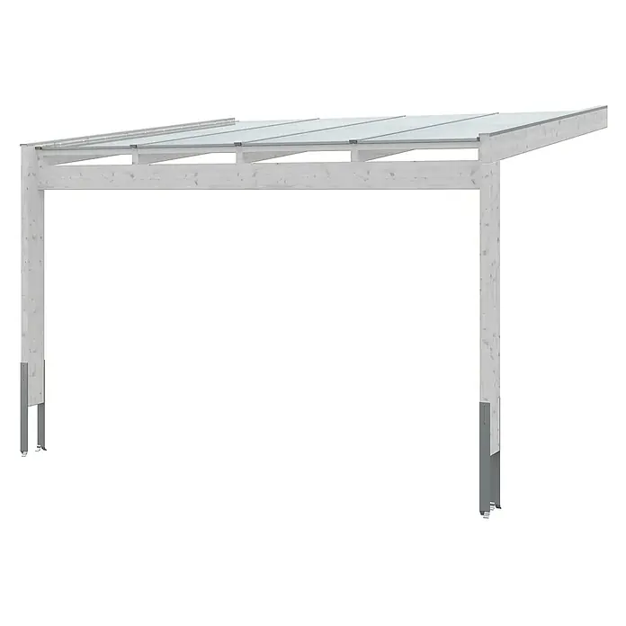SKAN HOLZ Terrassenüberdachung Novara - B x T: 450 x 359 cm, Weiß, Polycarbonat, Transparent - Helles Holzcarport mit lichtdurchlässigem Dach und Metallbodenankern.