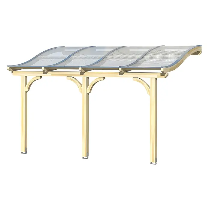 SKAN HOLZ Terrassenüberdachung Venezia - B x T: 434 x 239 cm, Natur, Polycarbonat, Transparent - Hölzernes Carport/Vordach mit hellem Holzrahmen und gewölbten, transparenten Dachelementen, gestützt von vier Pfosten mit Zierbögen.