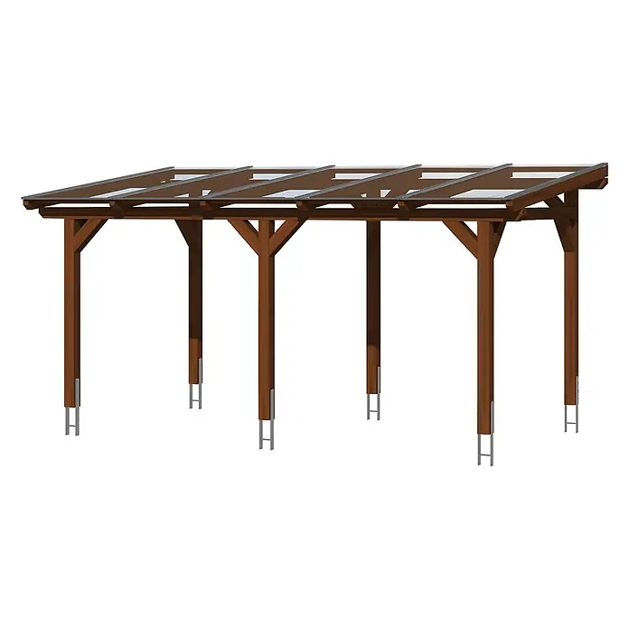 SKAN HOLZ Terrassenüberdachung Siena - B x T: 541 x 300 cm, Nussbaum, Polycarbonat, Transparent - Hölzerne Pergola mit transparenten Dachplatten und Metallpfostenankern.
