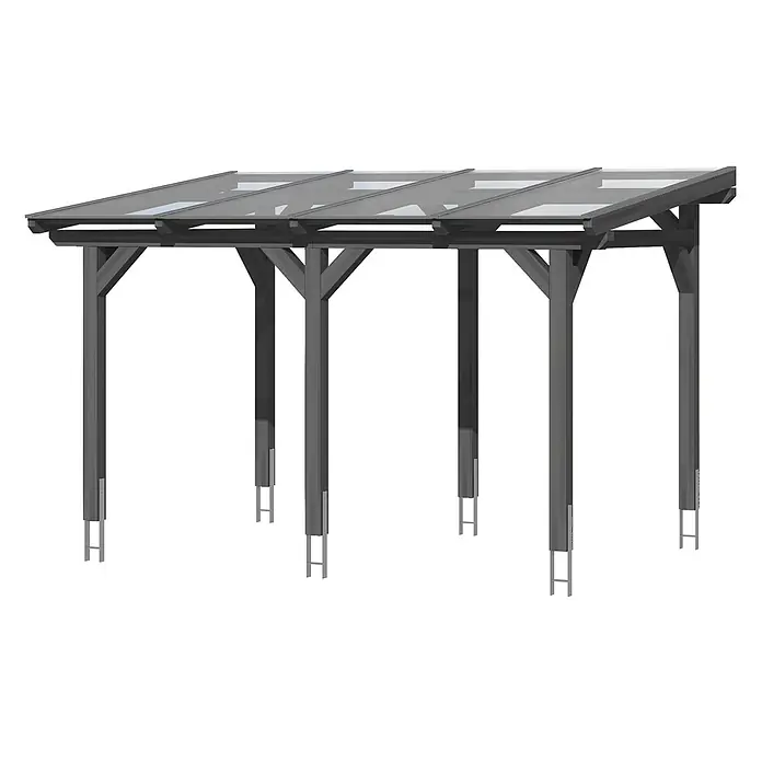 SKAN HOLZ Terrassenüberdachung Siena - B x T: 434 x 300 cm, Schiefergrau, Polycarbonat, Transparent - Anthrazitfarbene Holzpergola mit transparenten Dachplatten und Metallpfostenfüßen.