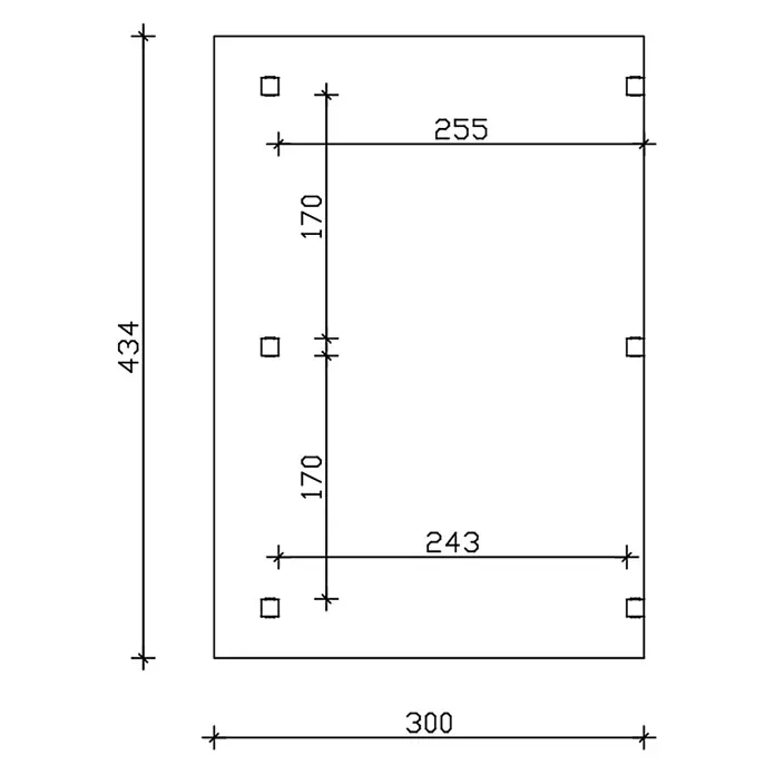 SKAN HOLZ Terrassenüberdachung Siena - B x T: 434 x 300 cm, Schiefergrau, Polycarbonat, Transparent - Technische Zeichnung eines rechteckigen Bauteils mit Maßen und sechs Befestigungspunkten.