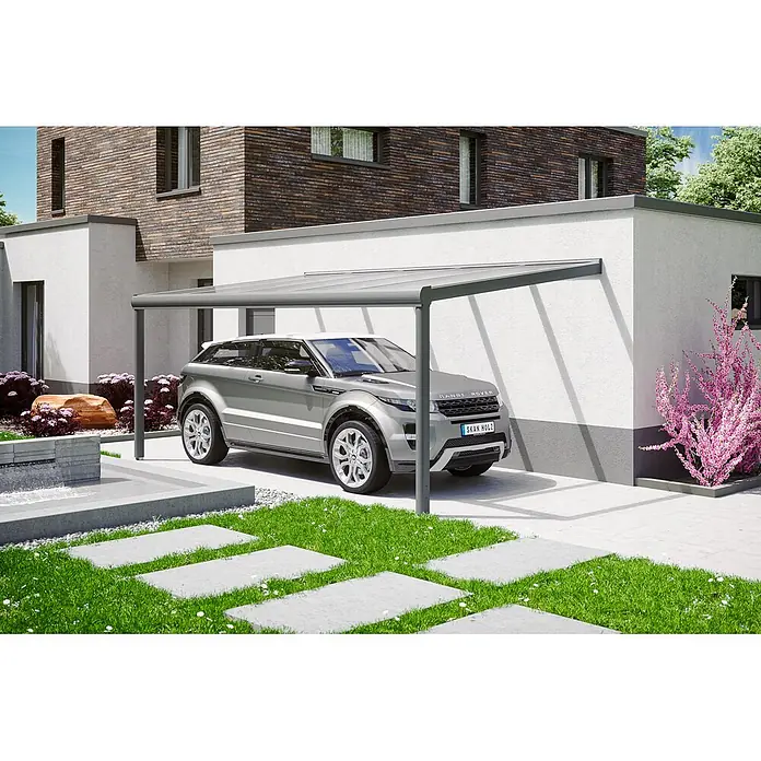 SKAN HOLZ Terrassenüberdachung Genua - B x T: 541 x 357 cm, Anthrazit, Polycarbonat, Transparent - Graues Carport mit transparentem Dach, das einen silbernen SUV vor einem modernen Haus schützt.