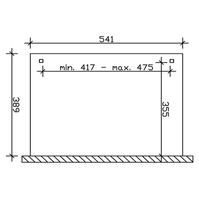 Terrassenüberdachung Verona 541 x 389 cm, Leimholz, anthrazit -  - Technische Zeichnung eines Rahmens, 541 breit, 389/355 hoch, mit einem internen Breitenbereich von 417-475.