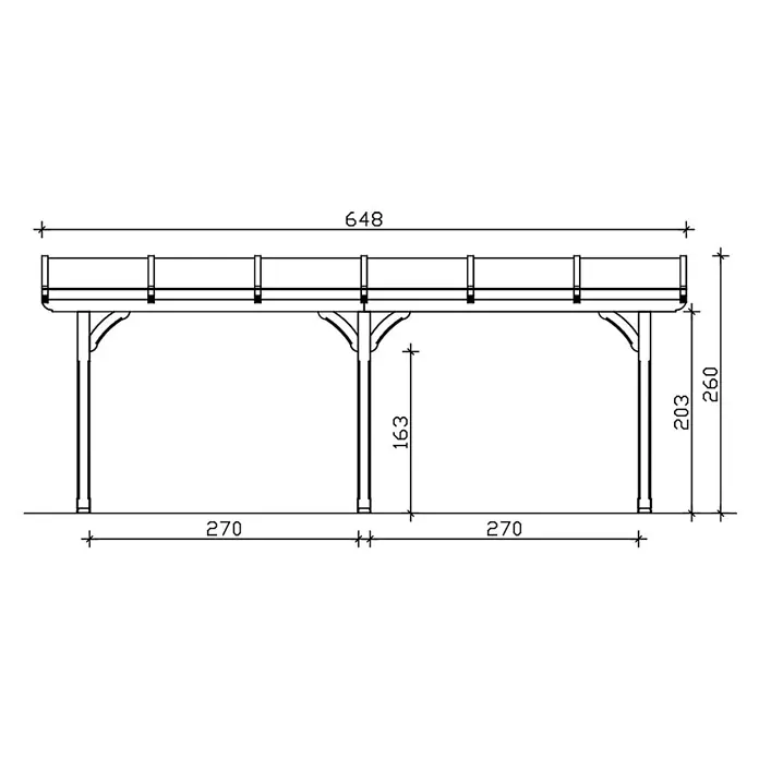 SKAN HOLZ Terrassenüberdachung Rimini - B x T: 648 x 250 cm, Natur, Polycarbonat, Transparent - Seitenansicht einer Holz-Pergola oder Carport-Struktur mit Pfosten, Flachdach und geschwungenen Streben, mit Maßen.