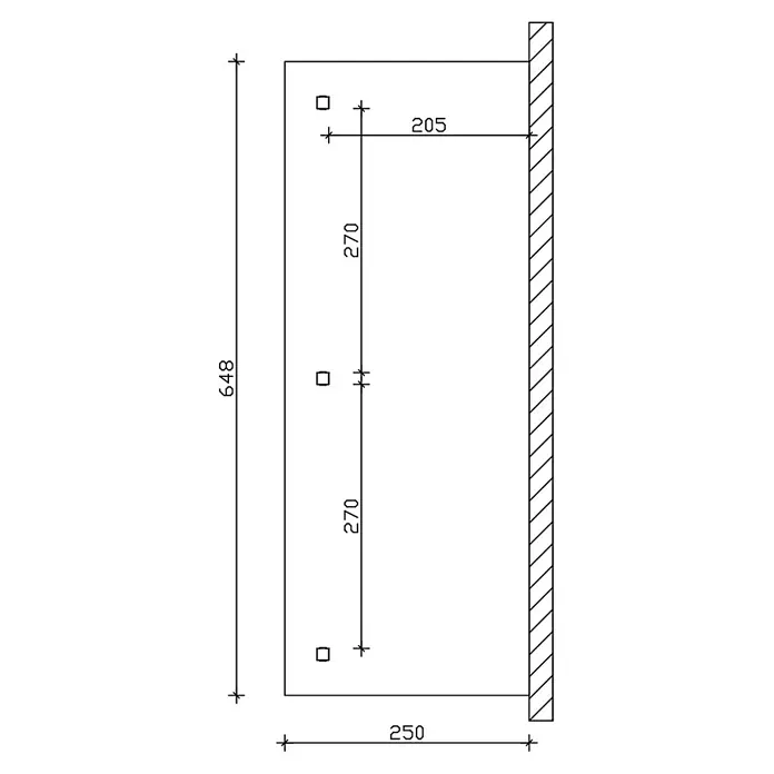 SKAN HOLZ Terrassenüberdachung Rimini - B x T: 648 x 250 cm, Natur, Polycarbonat, Transparent - Technische Zeichnung einer rechteckigen Montageplatte, 648x250mm, mit drei quadratischen Befestigungspunkten, 270mm auseinander und 205mm von der Wand.