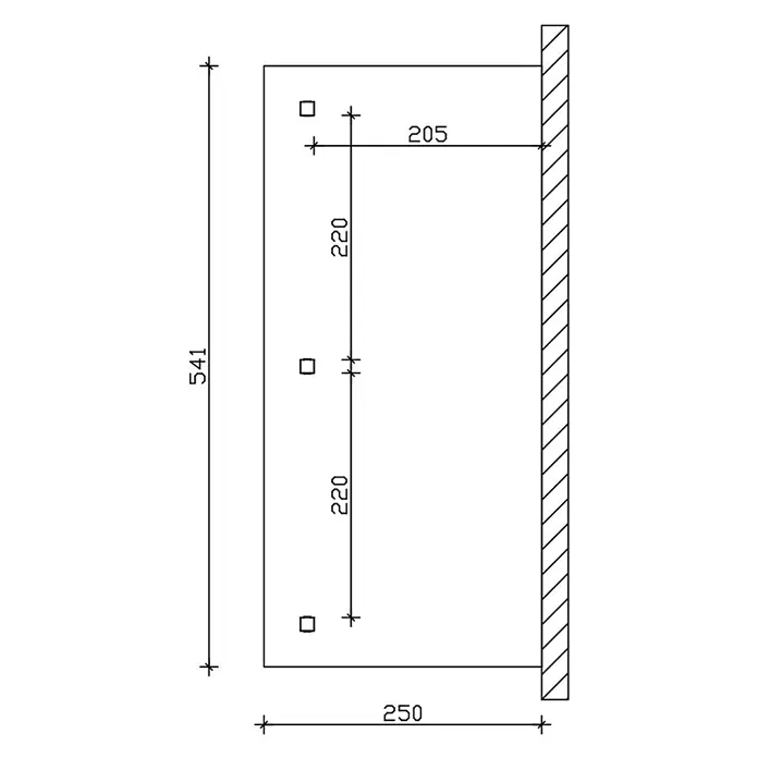 SKAN HOLZ Terrassenüberdachung Rimini - B x T: 541 x 250 cm, Natur, Polycarbonat, Transparent - Technische Zeichnung einer rechteckigen Montageplatte mit drei quadratischen Löchern, zeigt Maße für die Wandinstallation.