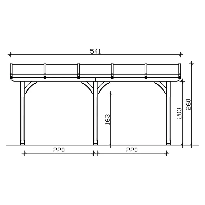SKAN HOLZ Terrassenüberdachung Rimini - B x T: 541 x 250 cm, Natur, Polycarbonat, Transparent - Technische Zeichnung eines erhöhten Pflanzkastens mit Stützbeinen, Hauptmaße: 541 Länge, 260 Gesamthöhe.