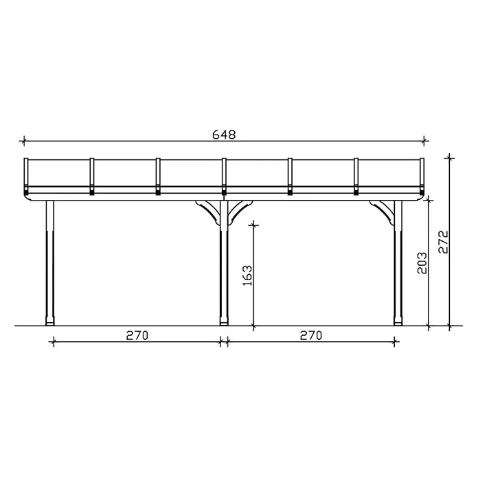 SKAN HOLZ Terrassenüberdachung Rimini - B x T: 648 x 350 cm, Natur, Polycarbonat, Transparent - Technische Zeichnung einer erhöhten Plattform mit Geländer, gestützt von Pfosten, mit Hauptmaßen.