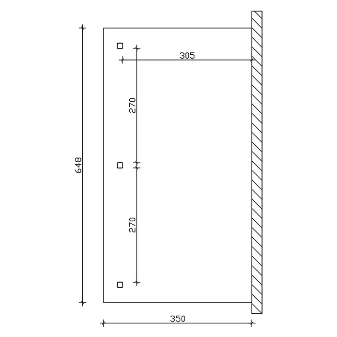 SKAN HOLZ Terrassenüberdachung Rimini - B x T: 648 x 350 cm, Natur, Polycarbonat, Transparent - Montageplan: Rechtecktafel (350x648) mit drei Bohrlöchern. Löcher 305 von rechts, vertikal 270 Abstand.