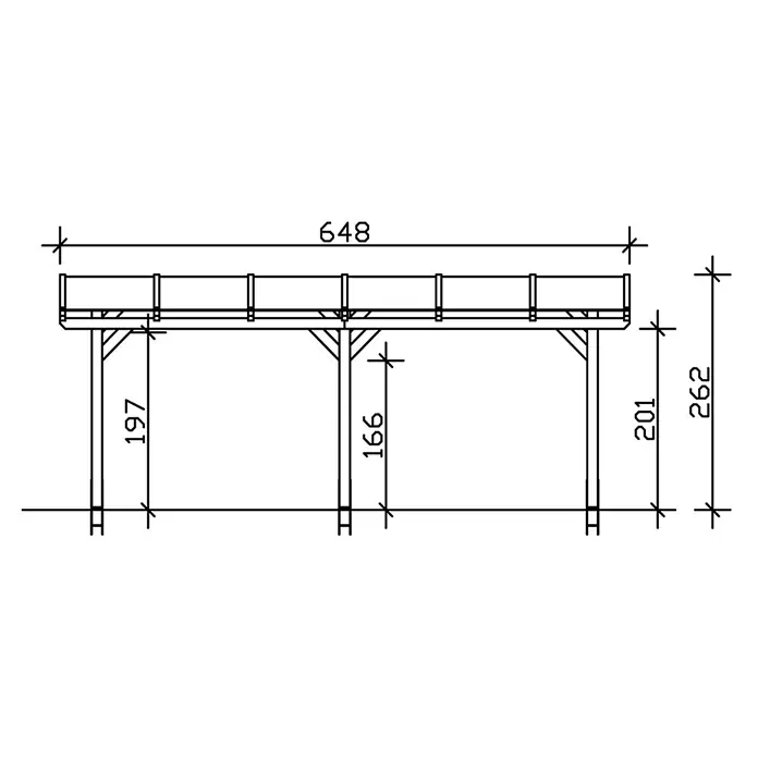SKAN HOLZ Terrassenüberdachung Siena - B x T: 648 x 300 cm, Anthrazit, Polycarbonat, Transparent - Technische Zeichnung eines erhöhten Holzuntergestells mit Maßen, Gesamtlänge 648 Einheiten.