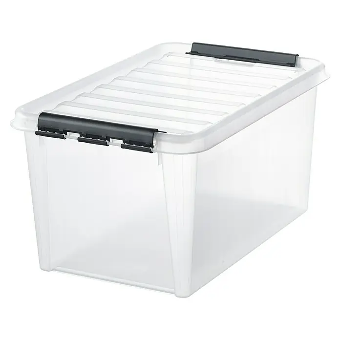 SmartStore Aufbewahrungsbox Classic 46 - L x B x H: 60 x 40 x 31 cm, Kunststoff, Transparent - Ein durchsichtiger Aufbewahrungsbehälter aus Kunststoff mit einem Deckel und schwarzen Verschlüssen.