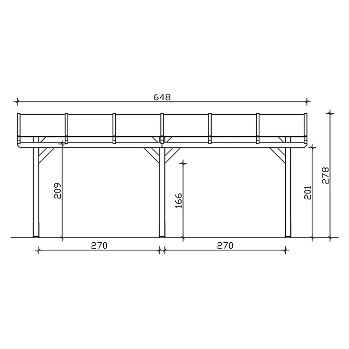 SKAN HOLZ Terrassenüberdachung Siena - B x T: 648 x 400 cm, Eiche hell, Polycarbonat, Transparent - Technische Zeichnung einer erhöhten Plattform mit Geländer und Maßen. Gesamtlänge 648, Gesamthöhe 278, unterschiedliche Pfostenhöhen.