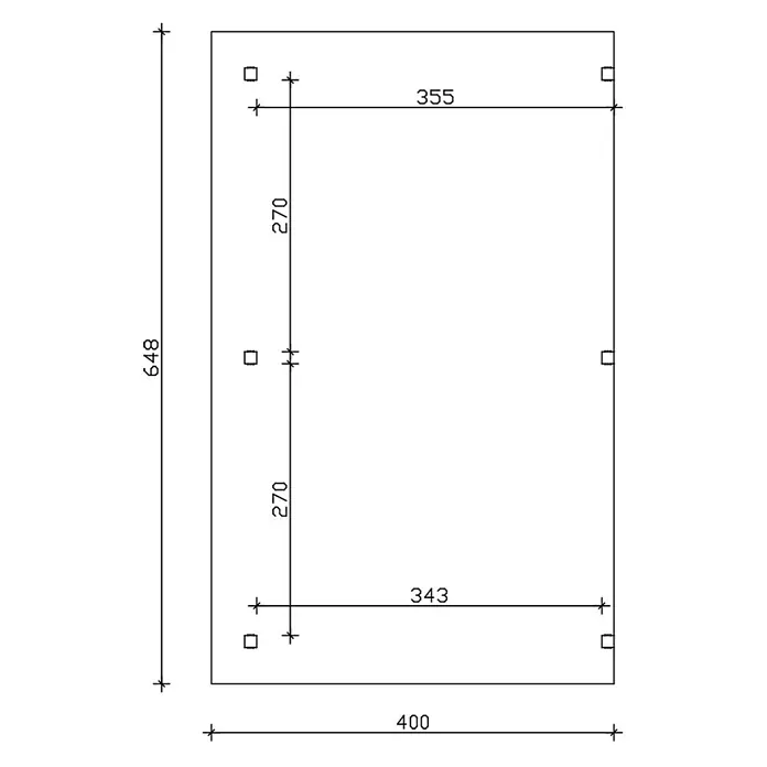 SKAN HOLZ Terrassenüberdachung Siena - B x T: 648 x 400 cm, Eiche hell, Polycarbonat, Transparent - Technische Zeichnung einer rechteckigen Platte (400x648 Einheiten) mit sechs quadratischen Aussparungen und Maßen.