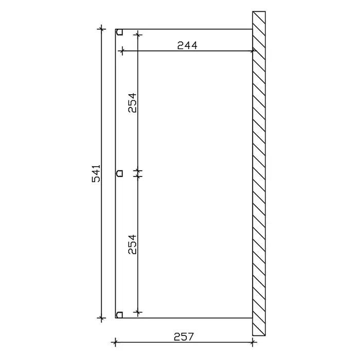 SKAN HOLZ Terrassenüberdachung Garda - B x T: 541 x 257 cm, Anthrazit, Polycarbonat, Transparent - Technische Zeichnung eines dimensionierten Rahmens oder Halters, an einer Wand montiert, Höhe 541, Breiten 244 und 257.