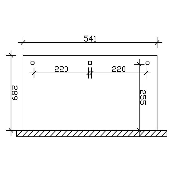 SKAN HOLZ Terrassenüberdachung Venezia - B x T: 541 x 289 cm, Anthrazit, Polycarbonat, Transparent - Bemaßte technische Zeichnung einer rechteckigen Platte mit Gesamtbreite 541 und Höhen 289/255, mit vier Bohrungen.