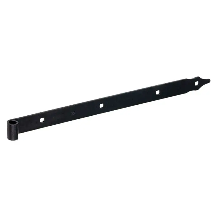 Domax Ladenband ZP 500/13 - L x H: 500 x 35 mm, Stärke: 4 mm, Innendurchmesser Rolle: 13 mm, Pulverbeschichtet - Detailaufnahme eines schwarzen T-Bandes für eine Tür oder ein Tor, ideal für rustikale oder traditionelle Anwendungen.