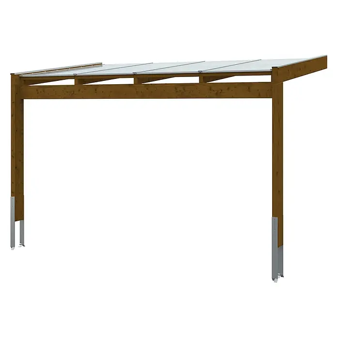 SKAN HOLZ Terrassenüberdachung Novara - B x T: 450 x 259 cm, Nussbaum, Polycarbonat, Transparent - Freistehender Holzcarport mit lichtdurchlässigem Dach und Metallpfostenankern.