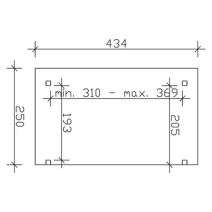 SKAN HOLZ Terrassenüberdachung Sanremo - B x T: 434 x 250 cm, Anthrazit, Polycarbonat, Transparent - Technische Zeichnung mit Montagemaßen: insgesamt 434x250mm, Lochabstand min. 310-max. 369mm horizontal, 193mm/205mm vertikal.
