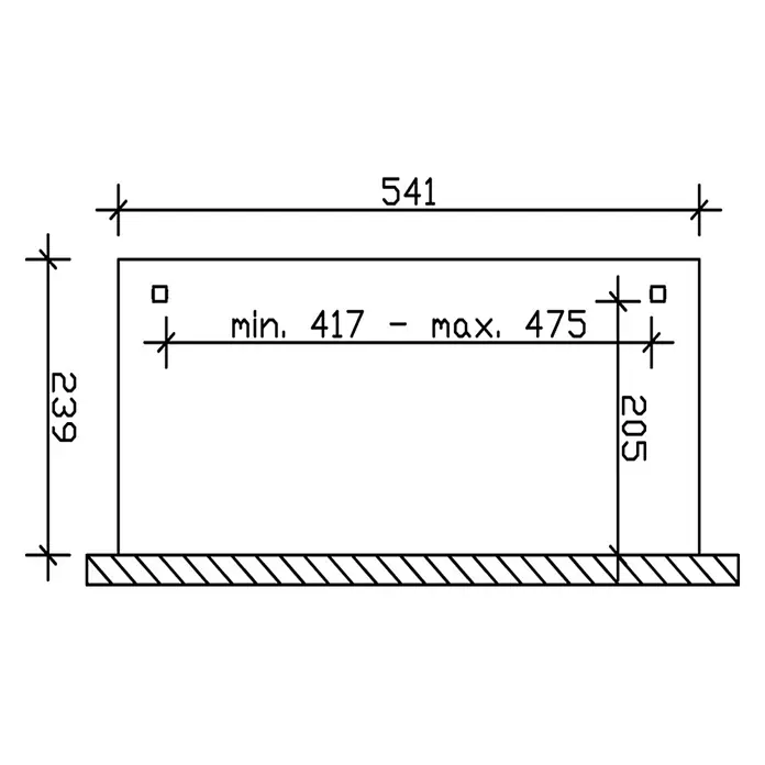 SKAN HOLZ Terrassenüberdachung Verona - B x T: 541 x 239 cm, Anthrazit, Polycarbonat, Transparent - Technische Zeichnung eines Rechteckrahmens (541x239) mit Befestigungsloch, horizontal verstellbar (417-475 von links) und 205 von unten.
