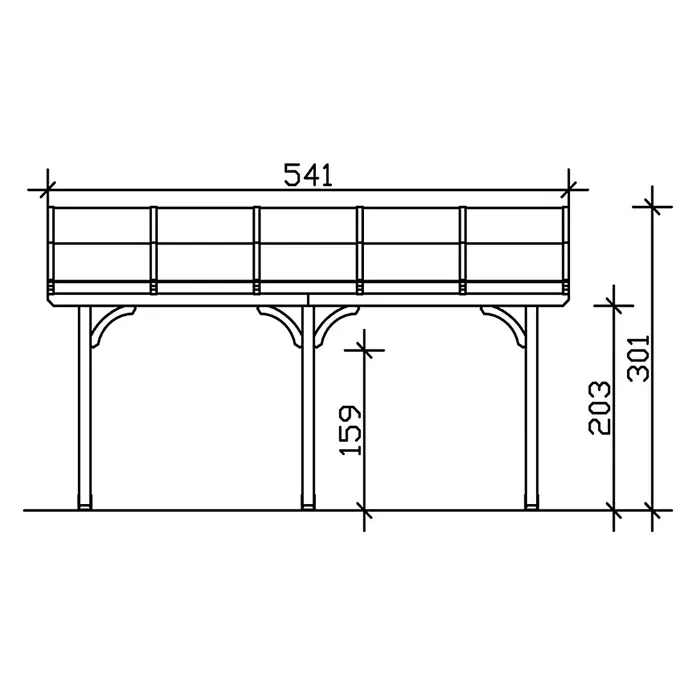 SKAN HOLZ Terrassenüberdachung Venezia - B x T: 541 x 339 cm, Anthrazit, Polycarbonat, Transparent - Bemaßte technische Zeichnung einer erhöhten Plattform mit Geländer und Stützpfosten.