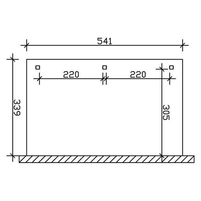 SKAN HOLZ Terrassenüberdachung Venezia - B x T: 541 x 339 cm, Anthrazit, Polycarbonat, Transparent - Bemaßte technische Zeichnung rechteckiger Rahmenkonstruktion, mit Gesamtbreite 541, Höhen 339 und 305, inneren Segmenten 220 und drei Befestigungspunkten.