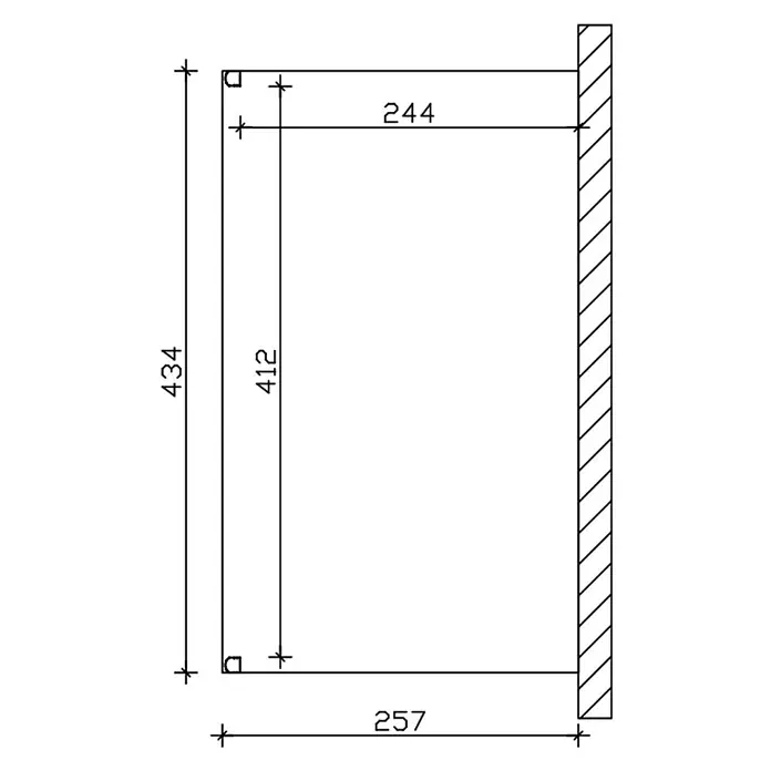 SKAN HOLZ Terrassenüberdachung Genua - B x T: 434 x 257 cm, Anthrazit, Polycarbonat, Transparent - Technische Zeichnung einer rechteckigen Öffnung oder eines Rahmens. Innenmaße: 244 Breite x 412 Höhe; Gesamtmaße: 257 Breite x 434 Höhe.