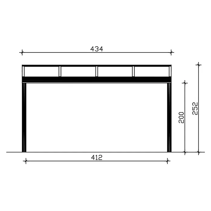 SKAN HOLZ Terrassenüberdachung Genua - B x T: 434 x 257 cm, Anthrazit, Polycarbonat, Transparent - Technische Zeichnung einer schwarzen Rahmenkonstruktion mit Hauptabmessungen: Gesamtbreite 434, Gesamthöhe 252.