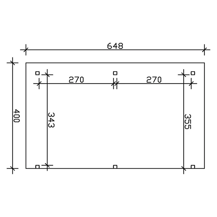 Terrassenüberdachung Siena 648 x 400 cm, Leimholz, anthrazit -  - Technische Zeichnung einer rechteckigen Platte mit Gesamtmaßen 648x400 und internen Abmessungen.