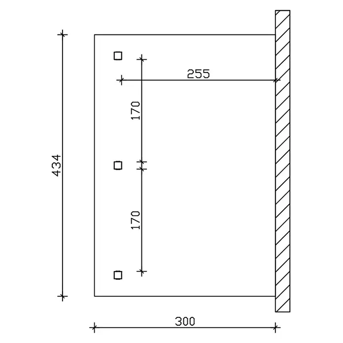 SKAN HOLZ Terrassenüberdachung Rimini - B x T: 434 x 300 cm, Nussbaum, Polycarbonat, Transparent - Bohrschablone mit Maßen für drei quadratische Löcher. Gesamt 434x300. Löcher 255 von rechts, 170 vertikaler Abstand.