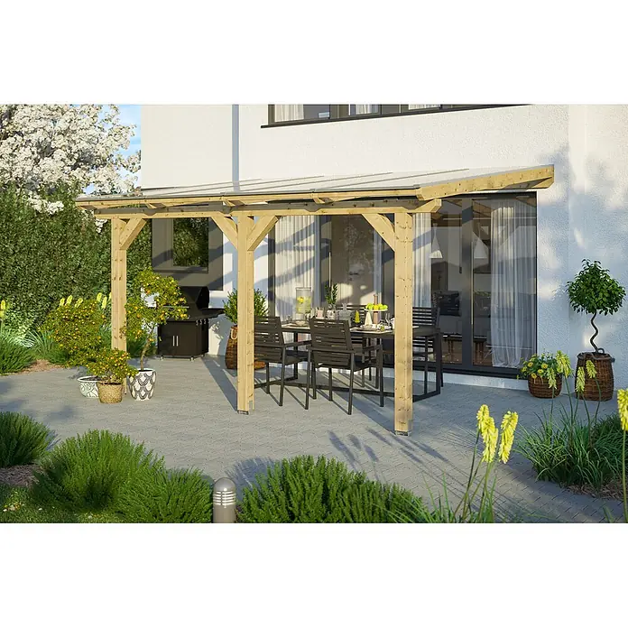 SKAN HOLZ Terrassenüberdachung Andria - B x T: 434 x 250 cm, Natur, Polycarbonat, Transparent - Hölzerne Pergola mit transparentem Dach, am Haus befestigt, schützt einen Essbereich im Freien auf der Terrasse.