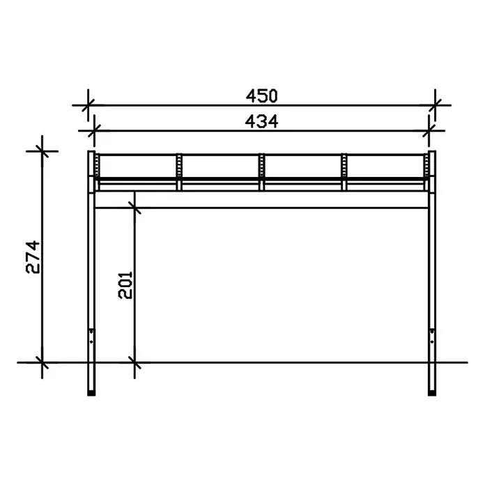 SKAN HOLZ Terrassenüberdachung Novara - B x T: 450 x 259 cm, Anthrazit, Polycarbonat, Transparent - Technische Zeichnung eines rechteckigen Rahmens mit zwei vertikalen Stützen und einer oberen Schiene, Maße 450x274.