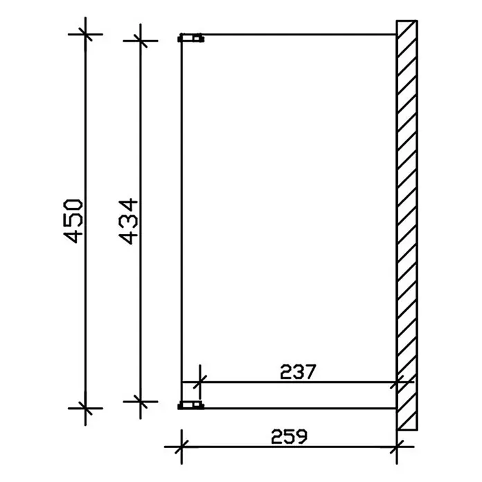 SKAN HOLZ Terrassenüberdachung Novara - B x T: 450 x 259 cm, Anthrazit, Polycarbonat, Transparent - Technische Zeichnung eines wandmontierten, rechteckigen Schranks oder Regals, mit Gesamtmaßen 450x259mm und Innenmaßen 434x237mm.