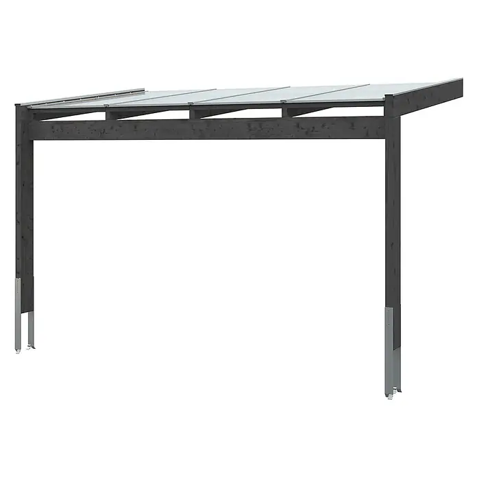 SKAN HOLZ Terrassenüberdachung Novara - B x T: 450 x 259 cm, Anthrazit, Polycarbonat, Transparent - Dunkelgrauer Holz-Carportrahmen mit hellem, lichtdurchlässigem Dach und Metallpfostenfüßen.