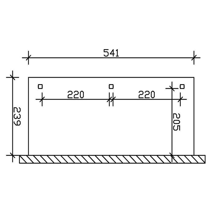 SKAN HOLZ Terrassenüberdachung Venezia - B x T: 541 x 239 cm, Anthrazit, Polycarbonat, Transparent - Technische Zeichnung eines rechteckigen Bauteils mit Maßen 541x239 und drei quadratischen Löchern im Abstand von 220.