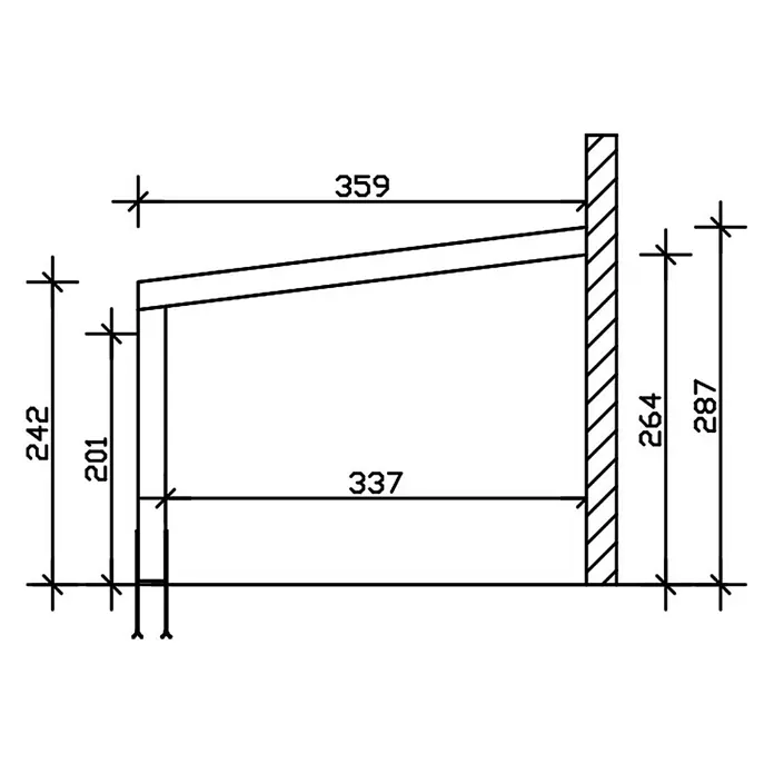 SKAN HOLZ Terrassenüberdachung Novara - B x T: 450 x 359 cm, Anthrazit, Polycarbonat, Transparent - Technische Zeichnung eines schrägen Regals oder einer Konsole mit Bemaßungen.