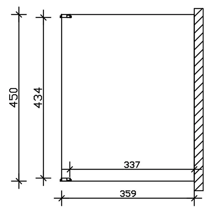 SKAN HOLZ Terrassenüberdachung Novara - B x T: 450 x 359 cm, Anthrazit, Polycarbonat, Transparent - Technische Zeichnung eines rechteckigen Rahmens mit Rückwand, Maße: Höhe 450mm, Tiefe 359mm; interne Komponentenmaße sind ebenfalls angegeben.
