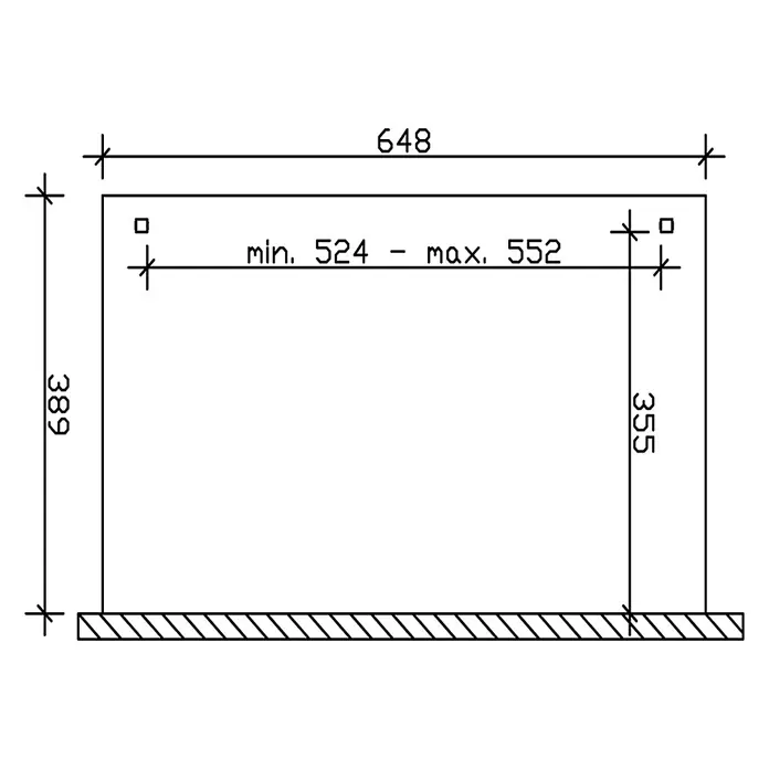 SKAN HOLZ Terrassenüberdachung Verona - B x T: 648 x 389 cm, Anthrazit, Polycarbonat, Transparent - Technische Zeichnung eines Rechteckrahmens mit Gesamtmaßen 648x389 und verstellbaren inneren Befestigungspunkten.
