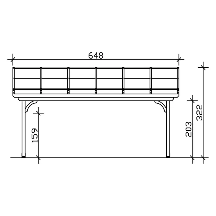SKAN HOLZ Terrassenüberdachung Verona - B x T: 648 x 389 cm, Anthrazit, Polycarbonat, Transparent - Technische Zeichnung einer erhöhten Plattform mit Geländer und Stützpfosten. Maße: Breite 648, Höhe 322.
