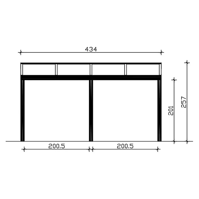 SKAN HOLZ Terrassenüberdachung Garda - B x T: 434 x 307 cm, Anthrazit, Polycarbonat, Transparent - Technische Zeichnung einer modularen Regaleinheit mit zwei unteren Fächern und einem unterteilten oberen Regal, inklusive detaillierter Maße.