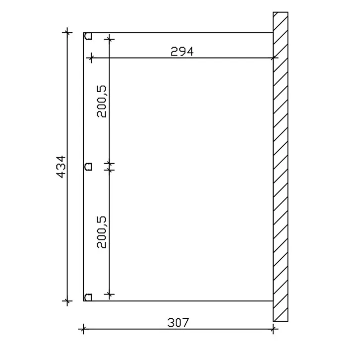 SKAN HOLZ Terrassenüberdachung Garda - B x T: 434 x 307 cm, Anthrazit, Polycarbonat, Transparent - Technische Zeichnung eines rechteckigen Rahmens oder Halters, 434x307mm dimensioniert, zur Wandmontage.