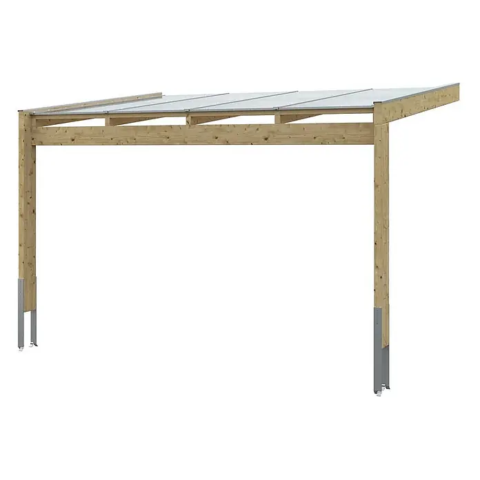 SKAN HOLZ Terrassenüberdachung Novara - B x T: 450 x 309 cm, Natur, Polycarbonat, Transparent - Holzcarport-Struktur mit transparentem Dach und Metallpfostenankern.