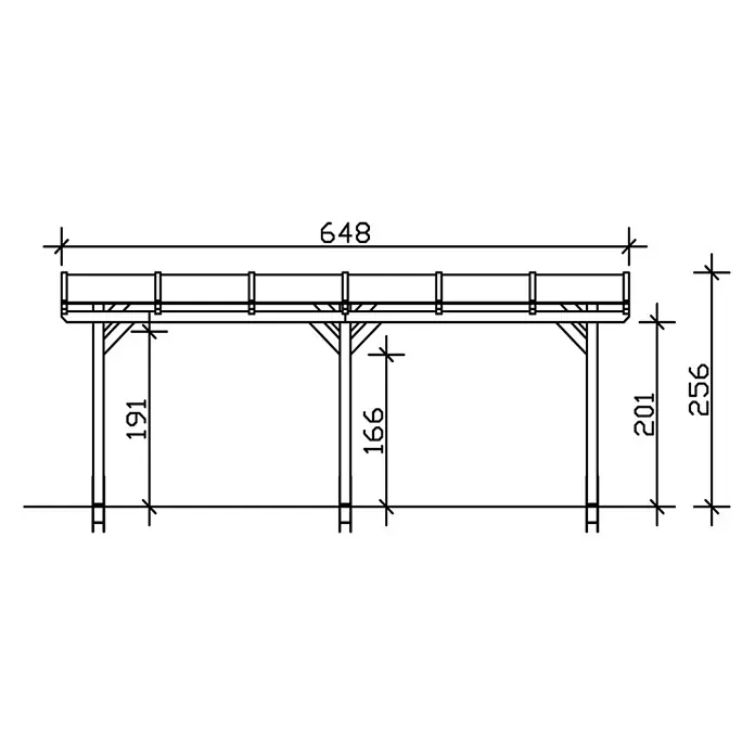SKAN HOLZ Terrassenüberdachung Siena - B x T: 648 x 250 cm, Anthrazit, Polycarbonat, Transparent - Technische Zeichnung einer Holzrahmenkonstruktion mit allen Hauptmaßen.