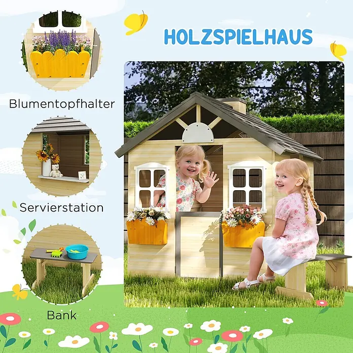 Outsunny Spielhaus - L x B x H: 113 x 94 x 134,5 cm, Holz, Natur+ Grau+ Weiß - Helles Holzspielhaus mit Blumenkästen, Servierstation und Bank, in dem Kinder spielen.