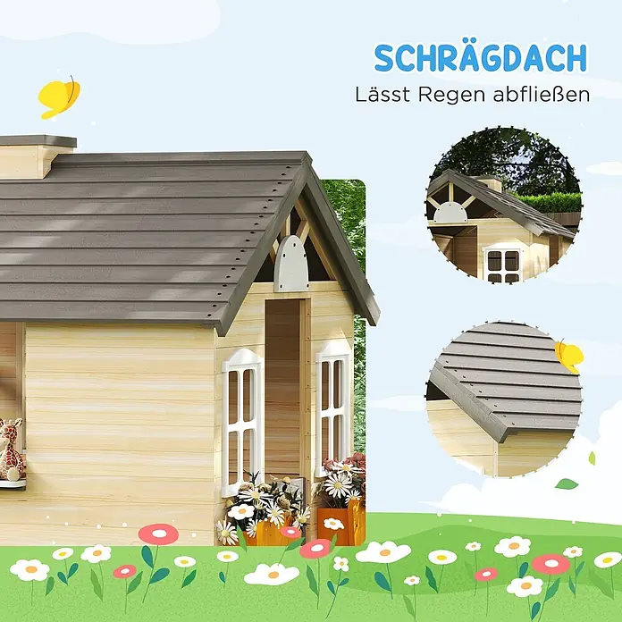 Outsunny Spielhaus - L x B x H: 113 x 94 x 134,5 cm, Holz, Natur+ Grau+ Weiß - Hölzernes Spielhaus mit grauem Schrägdach für Regenablauf, in einer Gartenumgebung.