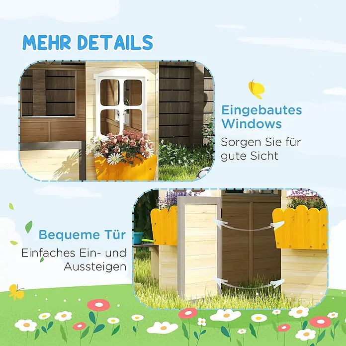 Outsunny Spielhaus - L x B x H: 113 x 94 x 134,5 cm, Holz, Natur+ Grau+ Weiß - Kinderspielhaus aus Holz mit Fenster und Blumenkasten sowie einer leicht zu öffnenden Tür, in einem Garten.