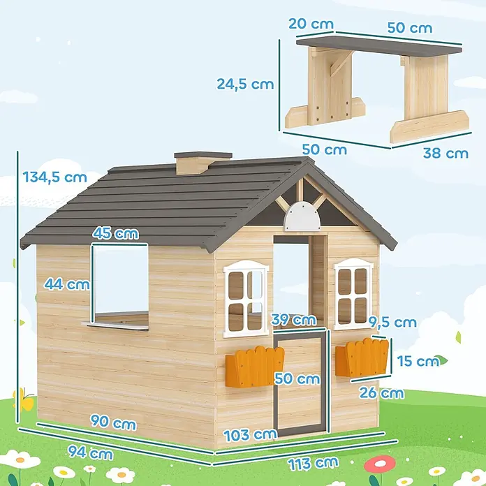 Outsunny Spielhaus - L x B x H: 113 x 94 x 134,5 cm, Holz, Natur+ Grau+ Weiß - Holzspielhaus mit grauem Dach und kleinem Holztisch, maßstabsgetreu mit Dimensionen für Kinderspiel.