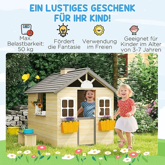 Outsunny Spielhaus - L x B x H: 113 x 94 x 134,5 cm, Holz, Natur+ Grau+ Weiß - Hölzernes Spielhaus mit grauem Dach und gelben Blumenkästen, von zwei kleinen Kindern im Garten bespielt. Ideal für Spiel und Fantasie im Freien.
