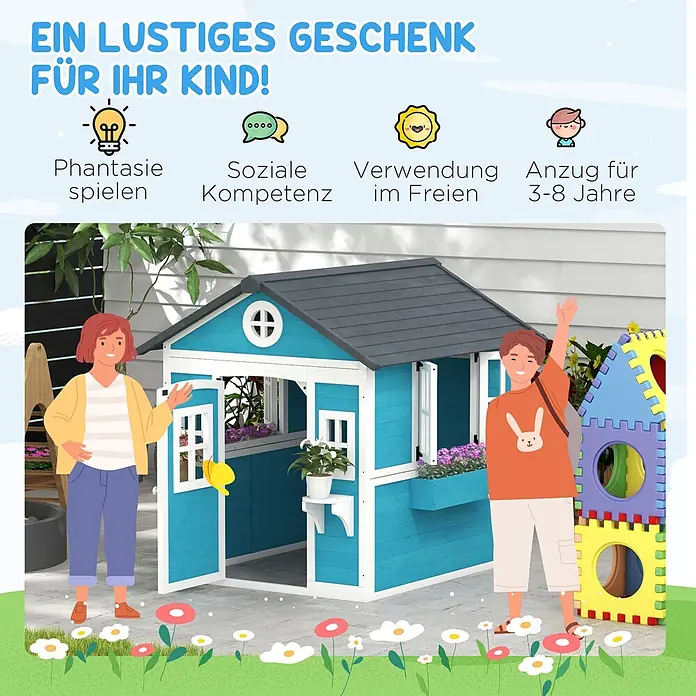 Outsunny Spielhaus - L x B x H: 126,4 x 114 x 135 cm, Holz, Blau - Ein blau-weißes Holzspielhaus mit weißen Akzenten im Freien, das von zwei Kindern bespielt wird.