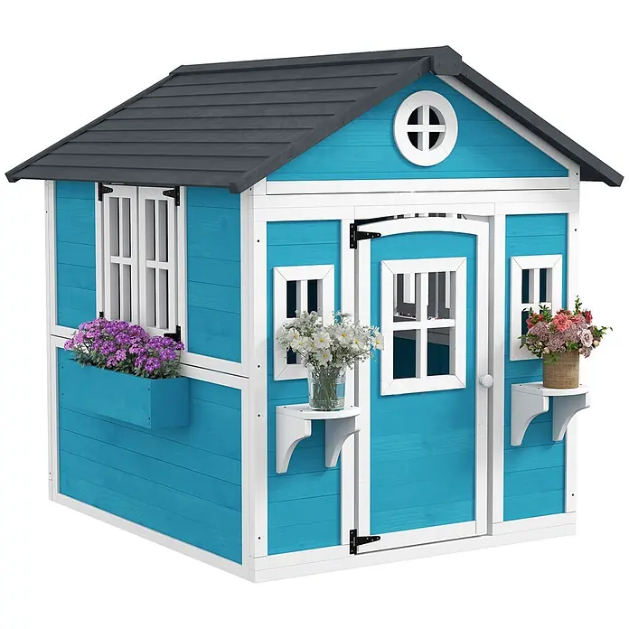 Outsunny Spielhaus - L x B x H: 126,4 x 114 x 135 cm, Holz, Blau - Blau-weißes Kinder-Spielhaus aus Holz mit dunkelgrauem Dach, Fenstern, Tür und Blumenkästen.