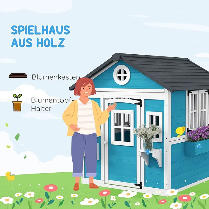 Outsunny Spielhaus - L x B x H: 126,4 x 114 x 135 cm, Holz, Blau - Blaues Holzspielhaus mit Blumenkästen und einem Blumentopfhalter im Garten.